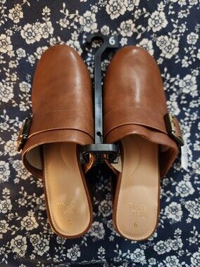 Time and Tru Brown Slip-On Heeled Clogs with Buckle Accent